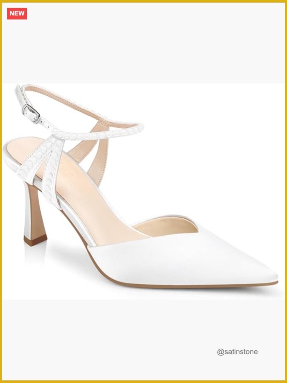 Satin Block Heel Pointed Toe Pumps with Ankle Strap Pearl Bling Wedding Party